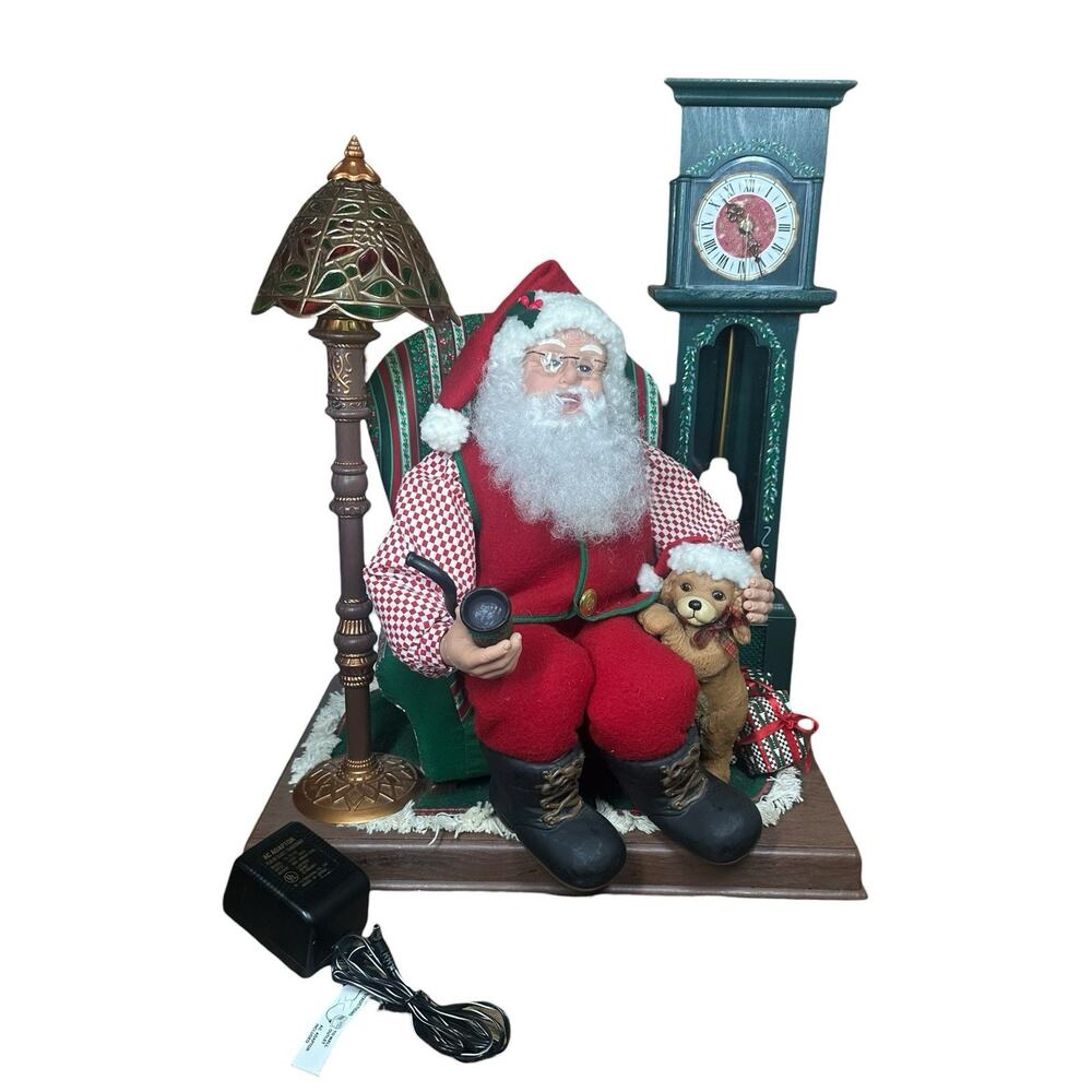 Vtg Holiday Creations Animated Santa w/ Clock Puppy Working Tiffany Lamp READ